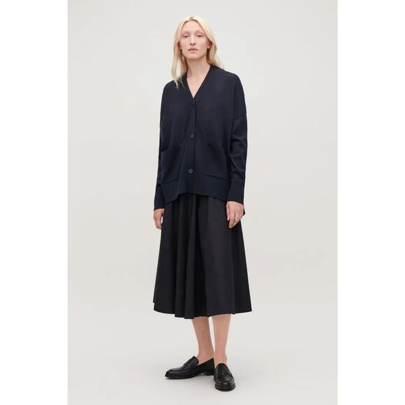 COS Back-Drape Wool Cardigan Navy Blue Size Large - Picture 2 of 7